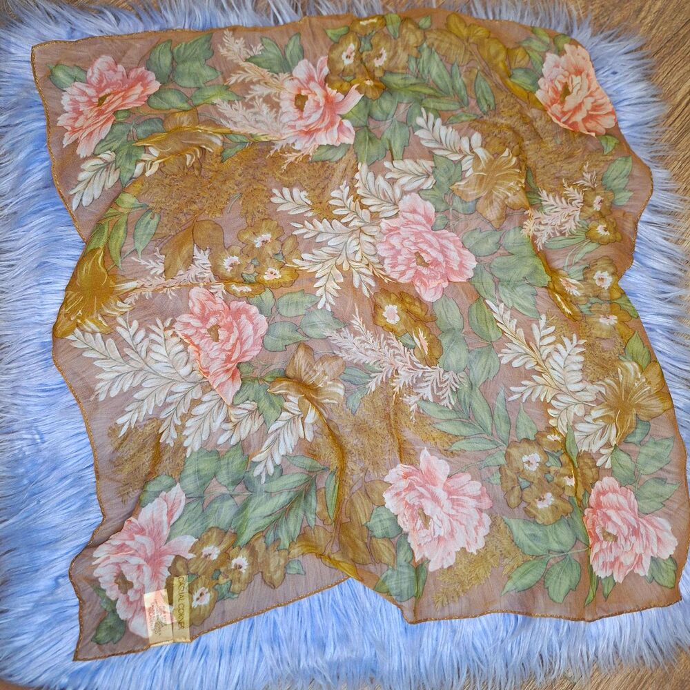 Casual Corner Silk Chiffon Floral Pocket Square Scarf Brown Pink Green